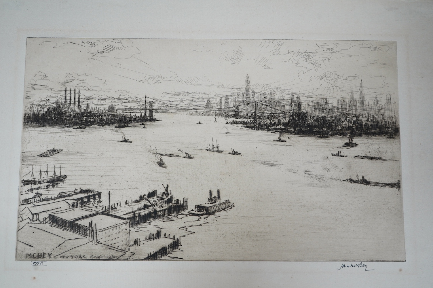 James McBey (1883-1959), drypoint etching, 'New York, March 1930' (East River, Sunset), signed in ink and numbered XXXVI, 20.5 x 35cm. Condition - essentially good condition; Unmounted, slight paper discolouration, acid